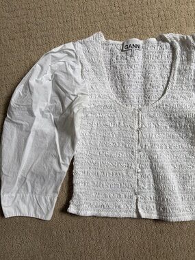 Ganni White Smocked Puff-Sleeve Button Blouse
